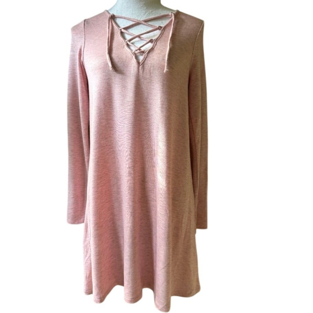 Pastel Pink Jersey Knit Lace Up Beach Cover Up Midi Dress M Summer Slub Stretch - Picture 2 of 9